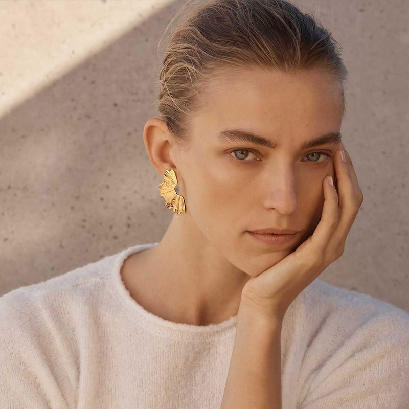 FAUTHENTICUTE Chunky Gold Statement Earrings For Women Gold Plated Sectored Flower Leaf Shell Angel Wing Earrings Large Stud Earrings Hypoallergenic Earrings - Image 3